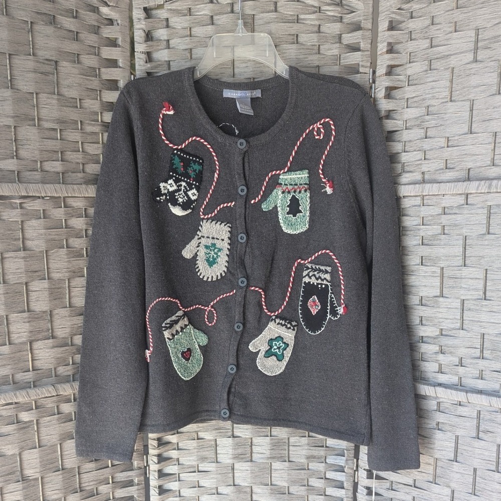 Vtg Gray Mitten Embroidered Christmas Cardigan Sweater Womens L Festive Winter